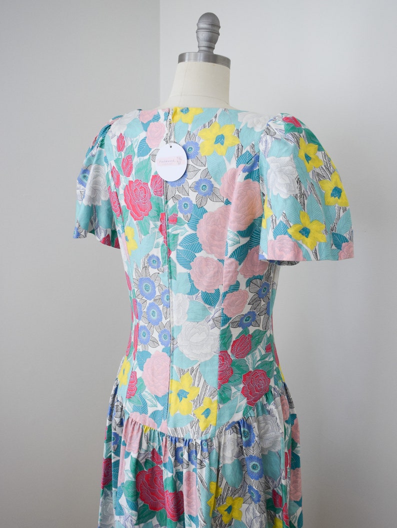 Vintage Belle France Floral Print Dress M 1980s/1990s Cotton Dress with Butterfly Sleeves and Dropped Waist Jane Schaffhausen image 4