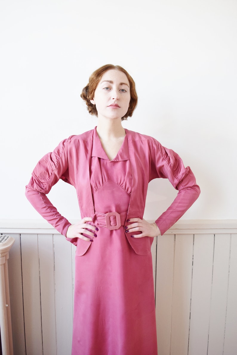 Vintage 1930s Belted Jacket and Dress XXSXS 1930s 3 Piece Pink Taffeta Gown