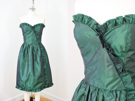 Vintage 1970s/80s Victor Costa Green Taffeta Cock… - image 1