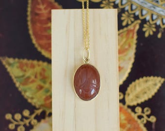 Vintage 14 kt Gold and Carnelian Scarab Pendant Necklace