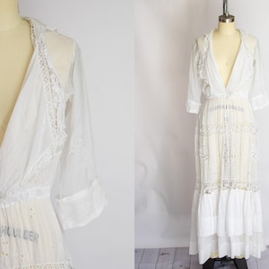 Antique Edwardian Lawn Dress | S/M | 1910s White Cotton and Lace Gown | Victorian | Bridal | Wedding