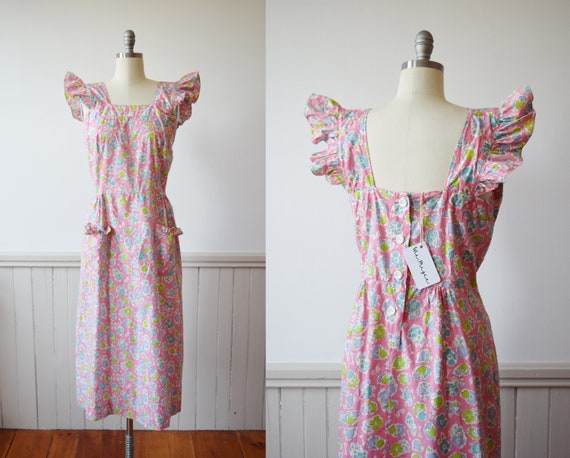 1940s Pink Floral Cotton Pinafore Dress | Vintage