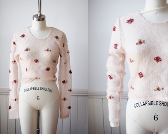 Vintage Y2K Embroidered Mohair Top by Esprit | S | 1990s Loose Knit Sheer Cropped Mohair Pullover with Floral Decoration