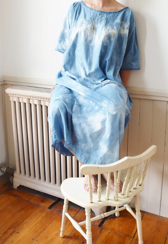 Antique Indigo Dyed Cloud Dress | 1900s Hand Dyed