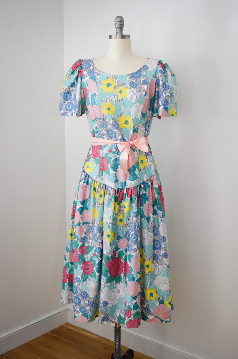 Vintage Belle France Floral Print Dress M 1980s/1990s Cotton Dress with Butterfly Sleeves and Dropped Waist Jane Schaffhausen image 7