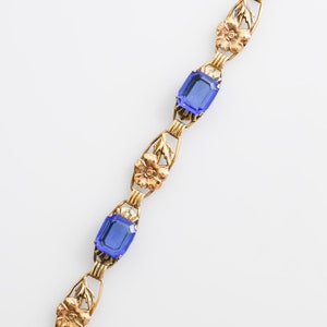 Antique Art Nouveau Czech Glass Bracelet | Vintage 1930s Blue Gem and Gold Floral Bracelet