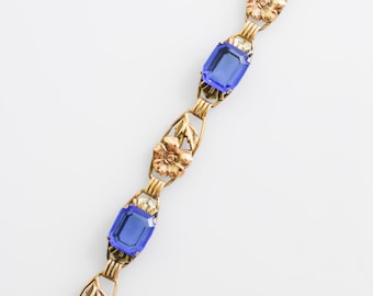 Antique Art Nouveau Czech Glass Bracelet | Vintage 1930s Blue Gem and Gold Floral Bracelet