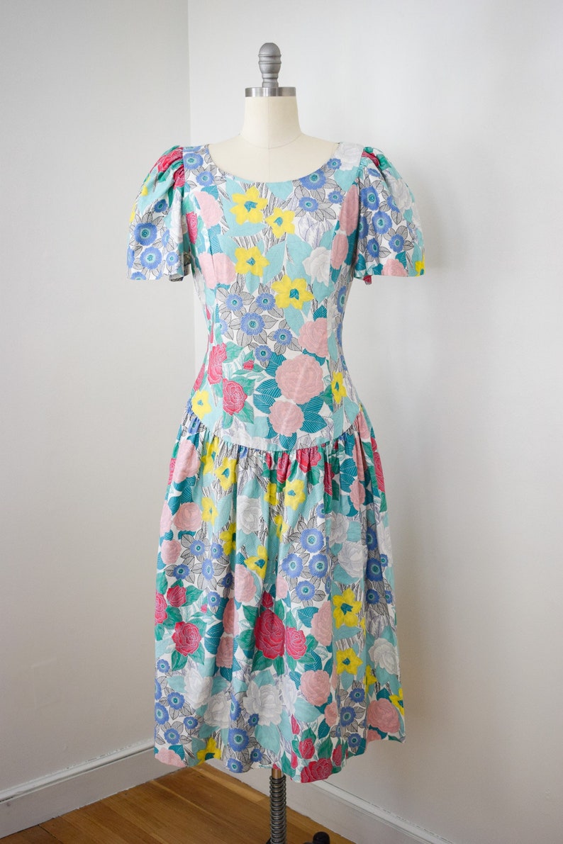 Vintage Belle France Floral Print Dress M 1980s/1990s Cotton Dress with Butterfly Sleeves and Dropped Waist Jane Schaffhausen image 1