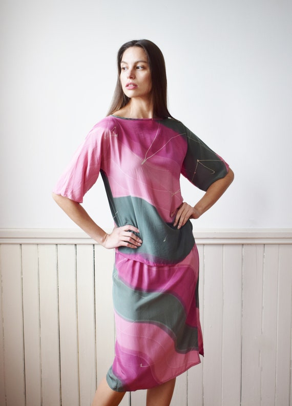 Vintage 1980s Painted Silk Set | Top and Skirt | … - image 3