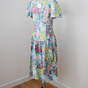 Vintage Belle France Floral Print Dress M 1980s/1990s Cotton Dress with Butterfly Sleeves and Dropped Waist Jane Schaffhausen image 8