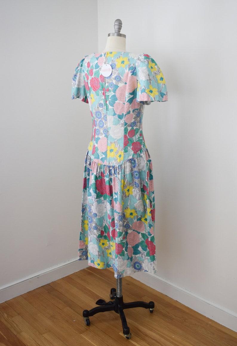 Vintage Belle France Floral Print Dress M 1980s/1990s Cotton Dress with Butterfly Sleeves and Dropped Waist Jane Schaffhausen image 8