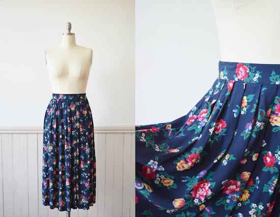1980s Dark Floral Rayon Midi Skirt | S