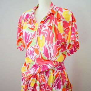 Vintage 1980s Guy Laroche Summer Dress Set M/L 80s Colorful Neon Linen and Cotton Skirt and Blouse image 7