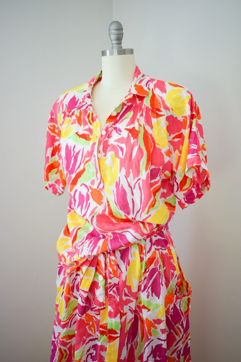 Vintage 1980s Guy Laroche Summer Dress Set M/L 80s Colorful Neon Linen and Cotton Skirt and Blouse image 7