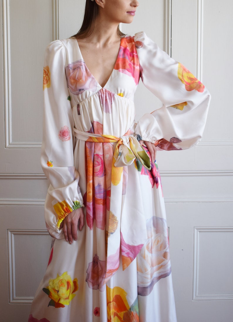 Vintage Y2K Isaac Mizrahi Painted Silk Gown S Designer Floral Print Gown Bridal Wedding Dress image 4