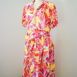 Vintage 1980s Guy Laroche Summer Dress Set M/L 80s Colorful Neon Linen and Cotton Skirt and Blouse image 2