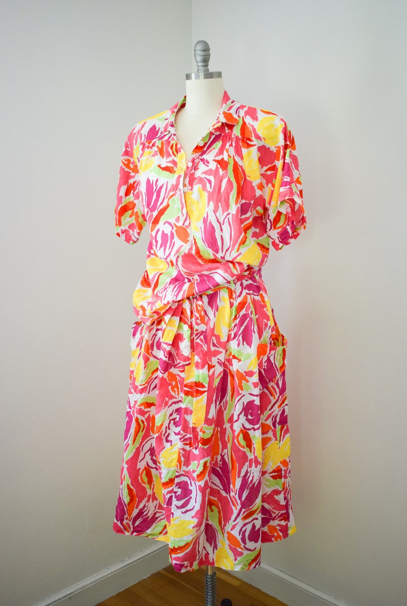 Vintage 1980s Guy Laroche Summer Dress Set M/L 80s Colorful Neon Linen and Cotton Skirt and Blouse image 2