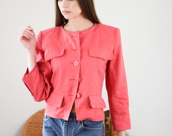 Vintage 1990s Yves Saint Laurent Rive Gauche Coral Linen Jacket | XS/S | 90s YSL Top