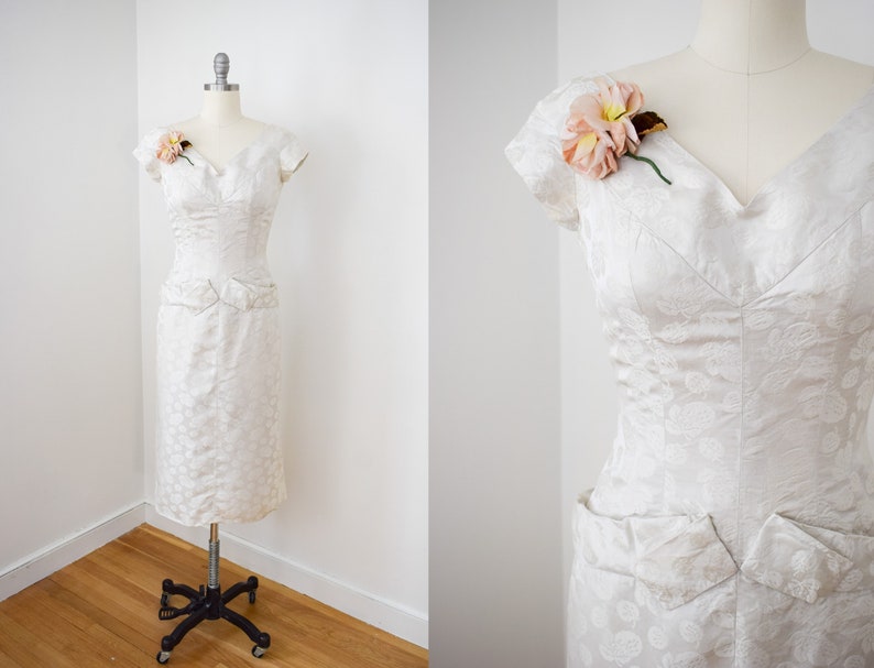 Vintage 1950s/1960s Silk Dress by Adele Simpson S/M 50s/60s White Silk Satin Jacquard Wiggle Sheath Dress Wedding Dress Bridal Gown image 1