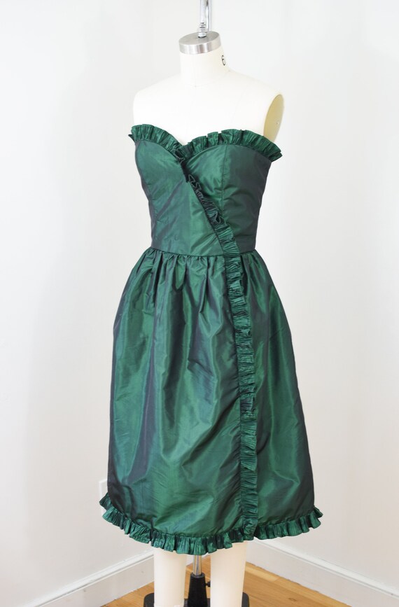 Vintage 1970s/80s Victor Costa Green Taffeta Cock… - image 3