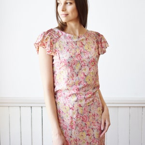 1930s Silk Rose Dress with Capelet Collar | XXS/XS