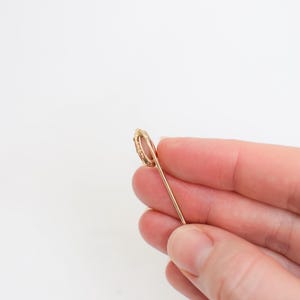 May include: A gold safety pin with a decorative loop at the top.