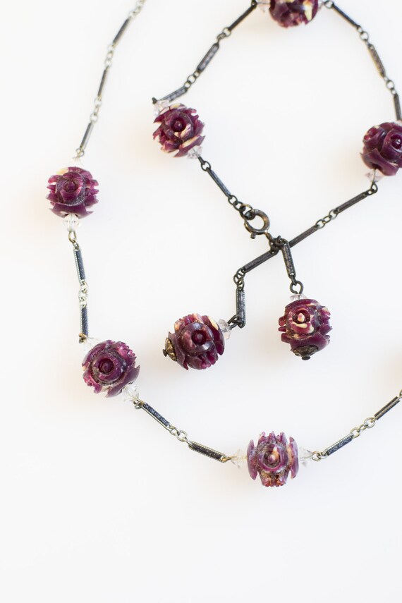 1930s Carved Celluloid Rose Necklace and Bracelet 