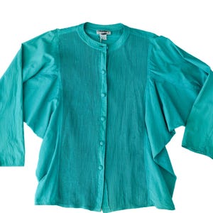 Vintage 1980s Teal Cotton Blouse | L | 80s Button Down Top with Batwing Sleeves
