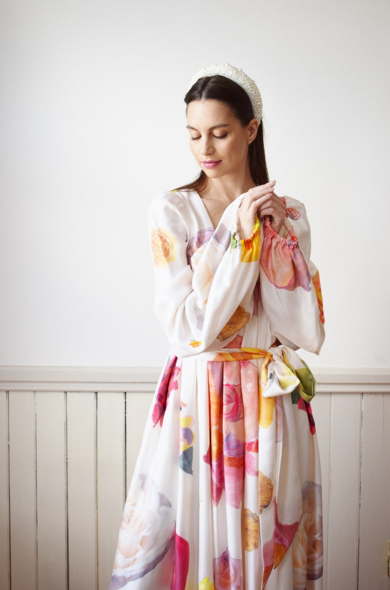 Vintage Y2K Isaac Mizrahi Painted Silk Gown S Designer Floral Print Gown Bridal Wedding Dress image 6