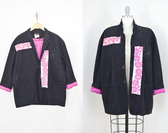 Vintage 1980s Esprit Sport Corduroy Blazer with Patches | 80s/90s Black Wide Wale Corduroy Jacket with Contrast Lining