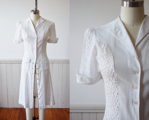 1940s Lace + Linen Button Front Dress | 1940s Whit