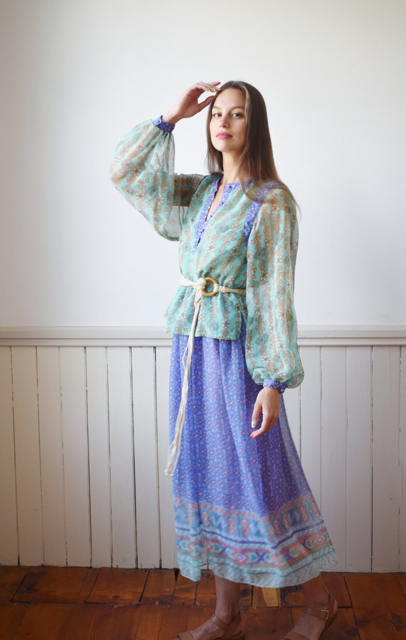 1970s Chiffon Peasant Dress Set S image 3