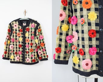 Vintage 1980s Gene Ewing Flower-topped Denim Jacket | L | 80s Floral Applique Cotton Jacket