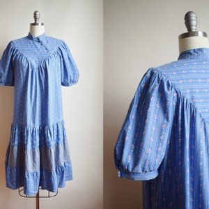 Vintage 1970s Ditsy Floral Tent Dress 70s Balloon Sleeve Cotton Dress Victoriana S/M image 1