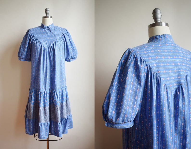 Vintage 1970s Ditsy Floral Tent Dress 70s Balloon Sleeve Cotton Dress Victoriana S/M image 1