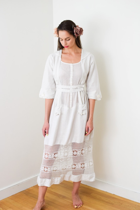 Antique Edwardian Linen Lawn Dress XS 1900s Victorian Dress With 