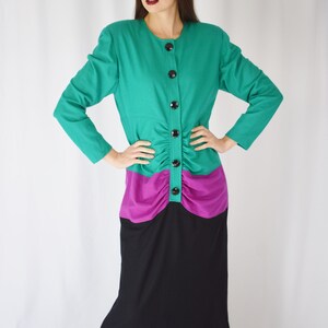 Vintage 1980s Oscar de la Renta Colorblock Gown M 80s/1990s Green Purple and Black Full Length Wool Dress image 3