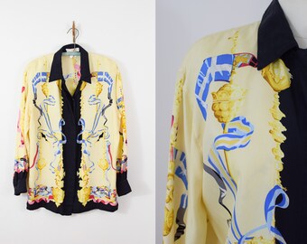 Vintage jaren 1990 Escada Zijden Nieuwigheid Print Top | M-L | Jaren '90 ontwerper vintage blouse | Margaretha Ley