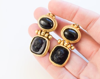 Vintage 1990s Lazaro Neoclassical Intaglio Earrings | Greek Revival Gold and Onyx Statement Earrings | Clip-ons