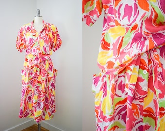 Vintage 1980s Guy Laroche Summer Dress Set | M/L | 80s Colorful Neon Linen and Cotton Skirt and Blouse
