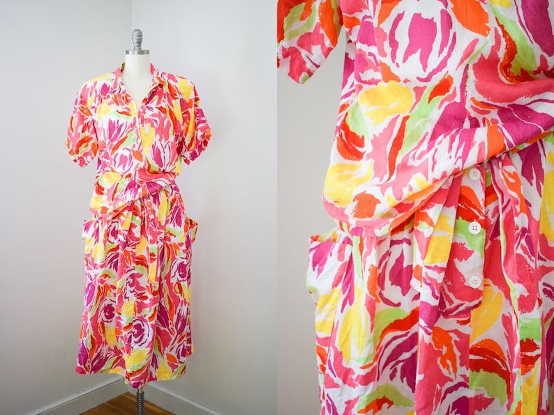 Vintage 1980s Guy Laroche Summer Dress Set M/L 80s Colorful Neon Linen and Cotton Skirt and Blouse image 1