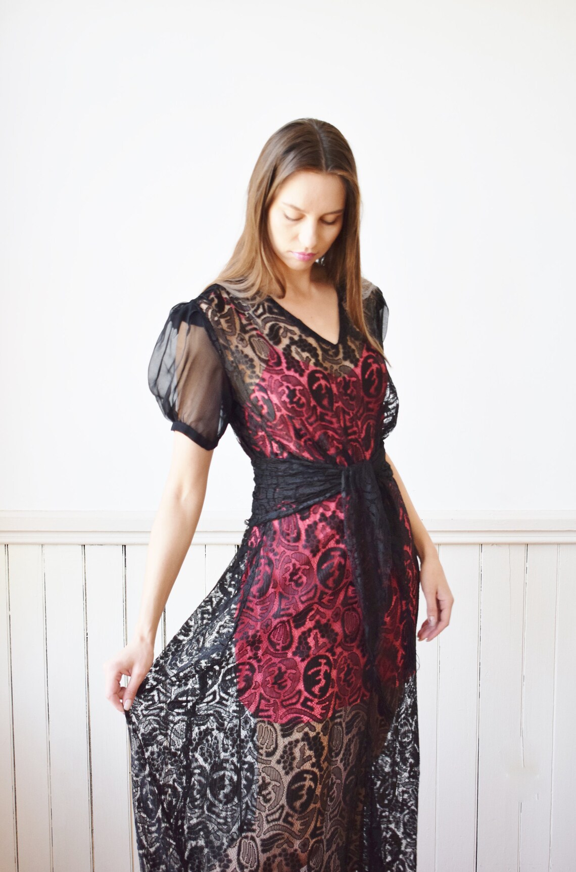 1930s Silk Lace Gown | S/M | Vintage 1930s Black Mesh and Lace Dress ...