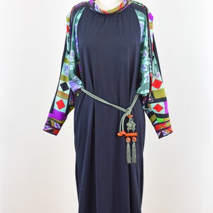 Vintage Early 1980s Leonard Paris Knit Dress L Black and Art Deco Print Silk and Wool Blend Jersey Gown With Belt Batwing Sleeves image 2