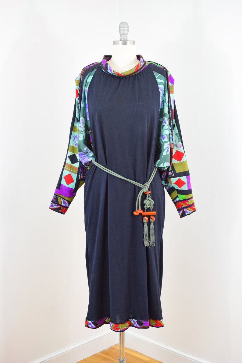 Vintage Early 1980s Leonard Paris Knit Dress L Black and Art Deco Print Silk and Wool Blend Jersey Gown With Belt Batwing Sleeves image 2