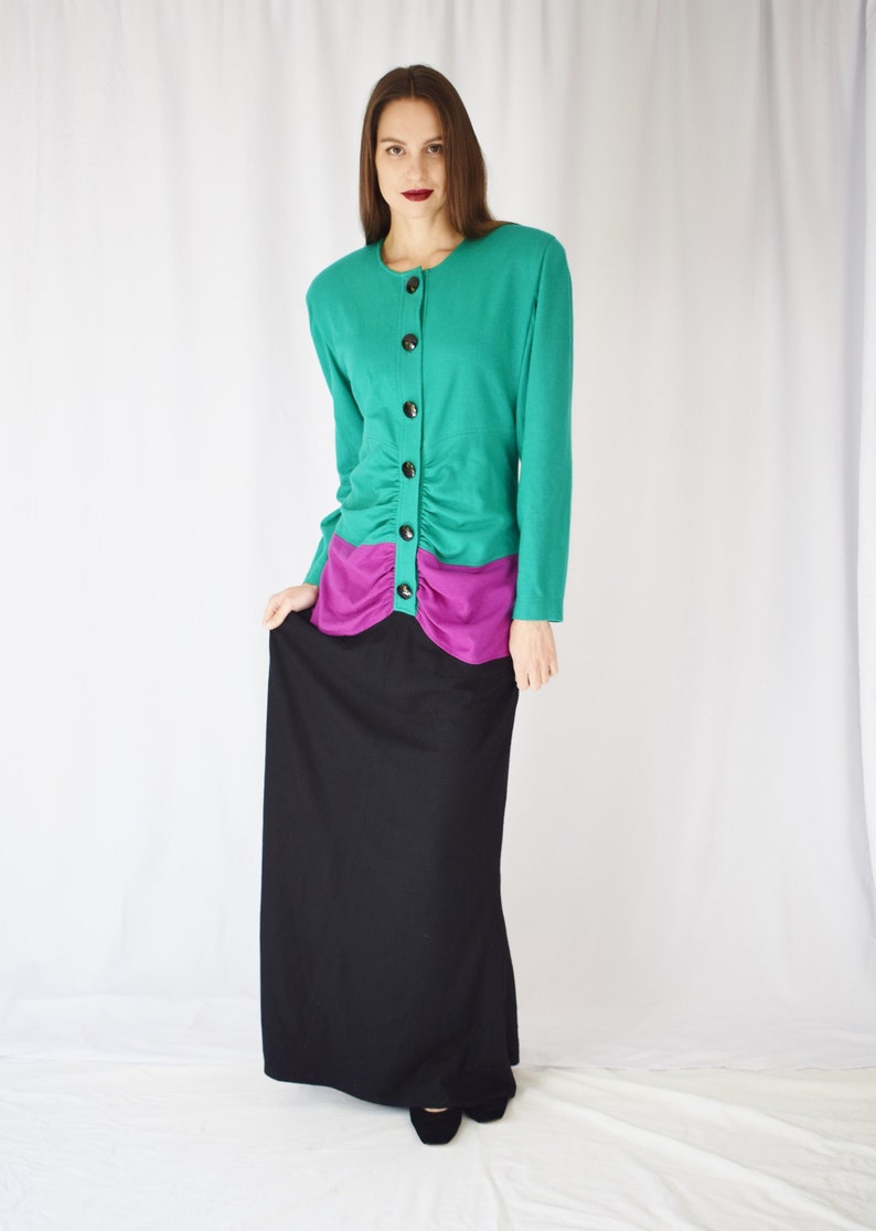 Vintage 1980s Oscar de la Renta Colorblock Gown M 80s/1990s Green Purple and Black Full Length Wool Dress image 1