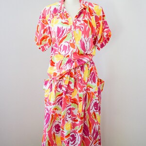 Vintage 1980s Guy Laroche Summer Dress Set M/L 80s Colorful Neon Linen and Cotton Skirt and Blouse image 6