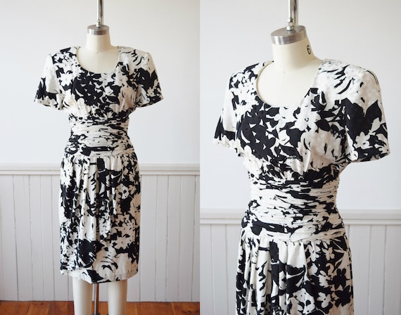 Black and White Silk Pop Art Dress | 1980s Silk Fl
