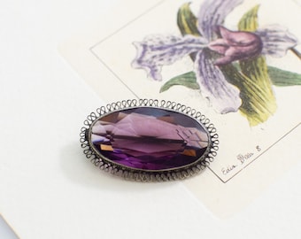 Large Antique Czech Glass Amethyst Brooch | 1910s-1920s Silver and Amethyst Pin with Filigree Border