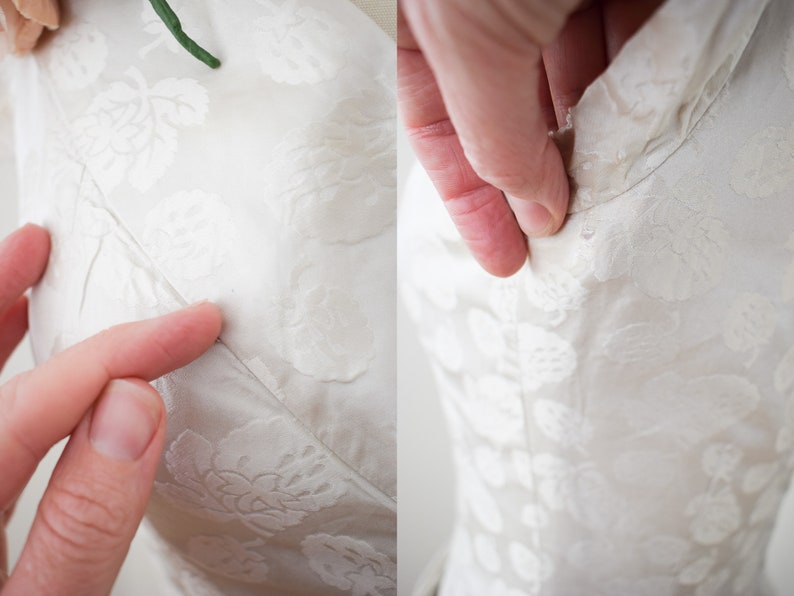 Vintage 1950s/1960s Silk Dress by Adele Simpson S/M 50s/60s White Silk Satin Jacquard Wiggle Sheath Dress Wedding Dress Bridal Gown image 8