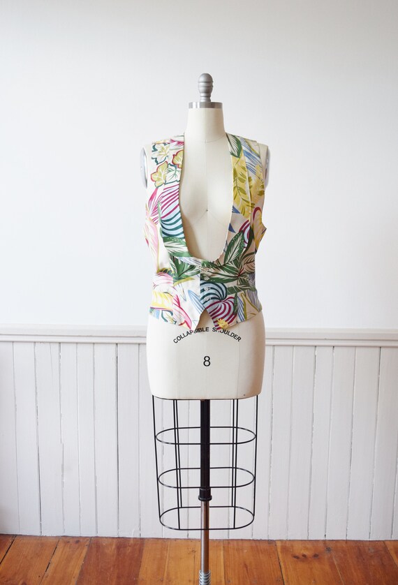 1990s Tropical Print Silk Waistcoat / Vest by Anne